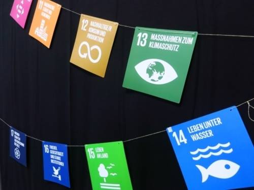 Auf einer Leine hängen Karten, die die einzelnen SDGs symbolisieren.